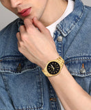 Man Wearing Premium Day & Date Feature Black Dial Golden Chain Analog Watch 