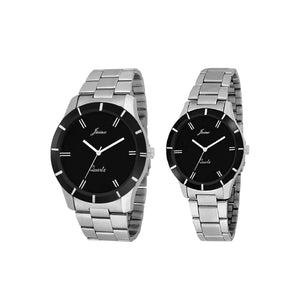 Couple's Black Dial Steel Chain Analog Watch
