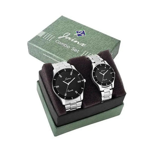 Couple's Black Dial Steel Chain Analog Watch
