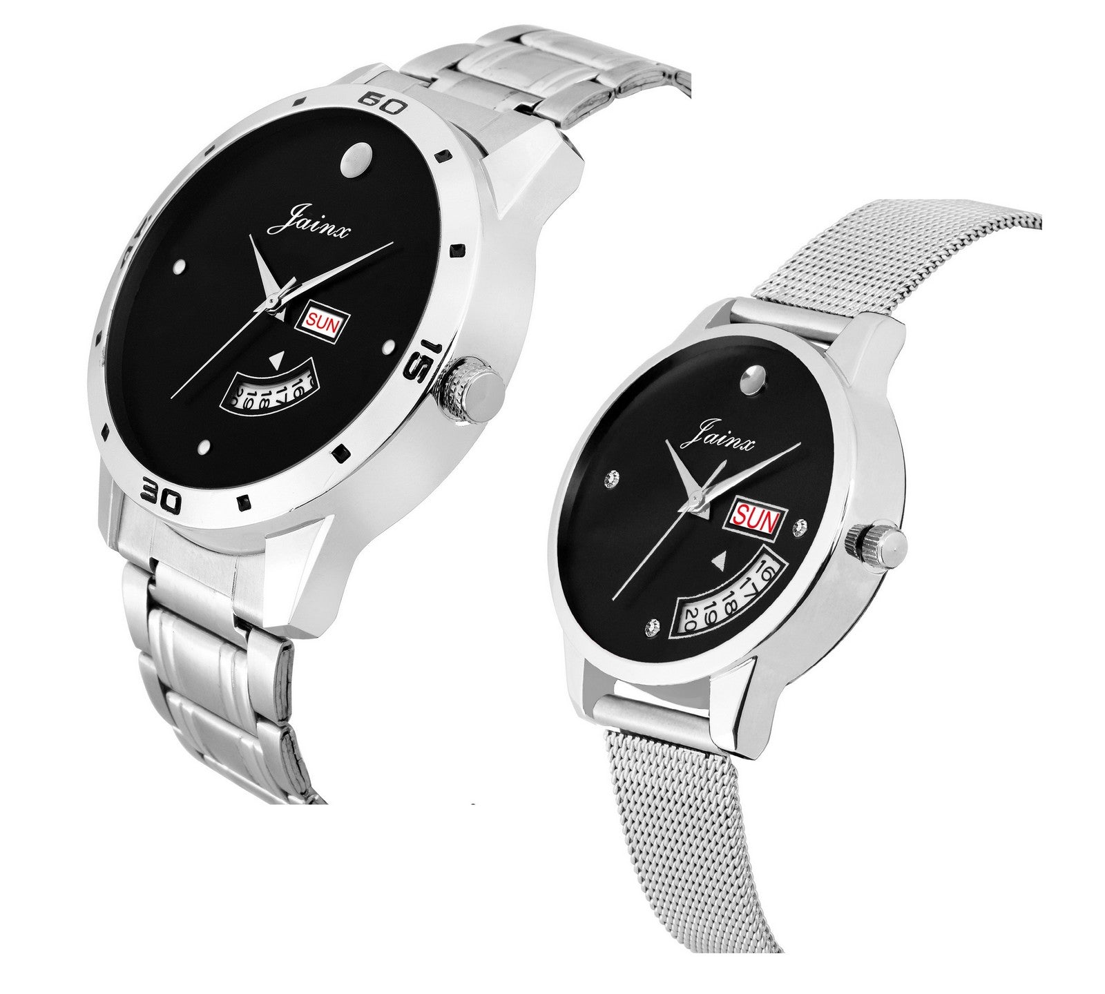 Jainx Couple'S Black Dial Day And Date Analog Watch - JC451