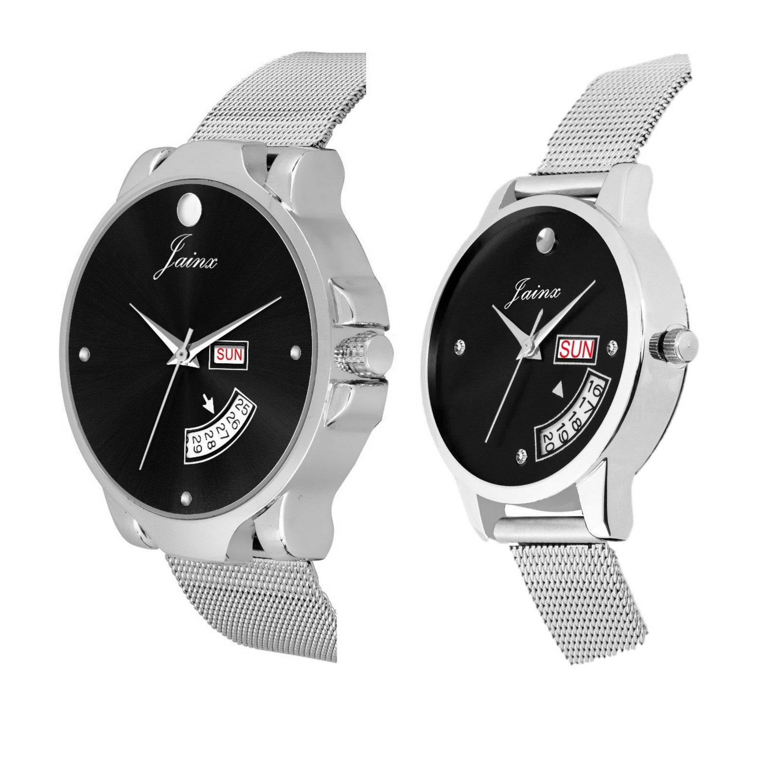 Jainx Couple'S Black Day & Date Function Dial Stainless Steel Chain Analog Watch - JC490