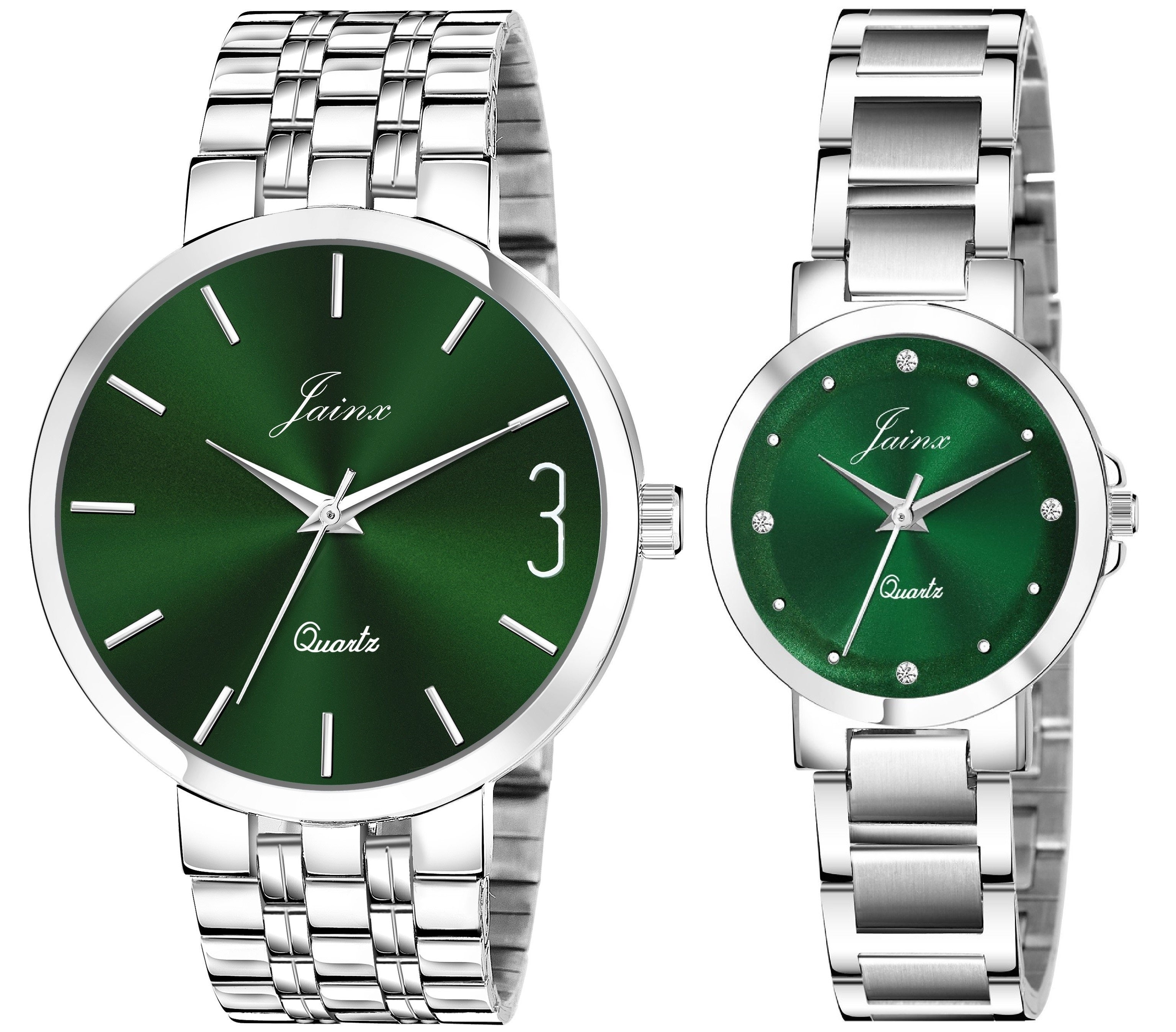 Jainx Green Dial Steel Chain Gift Set Analog Wrist Watch for Couple - JC9405