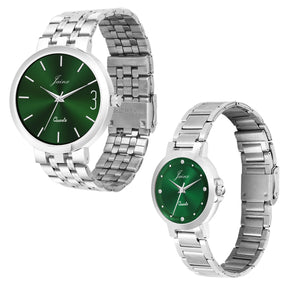 Jainx Green Dial Steel Chain Gift Set Analog Wrist Watch for Couple - JC9405