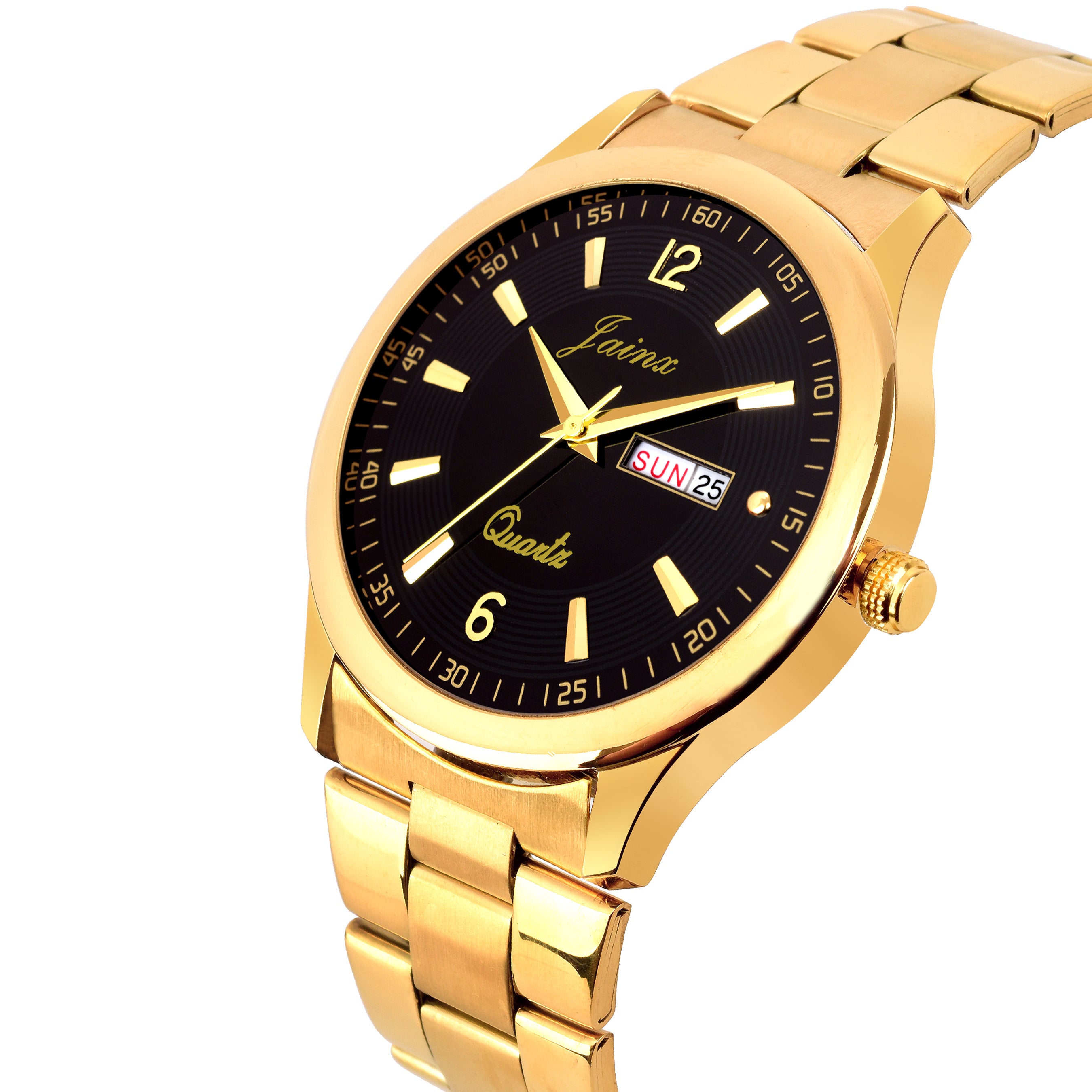 Jainx Premium Day & Date Feature Black Dial Golden Chain Analog Watch - For Men JM1132