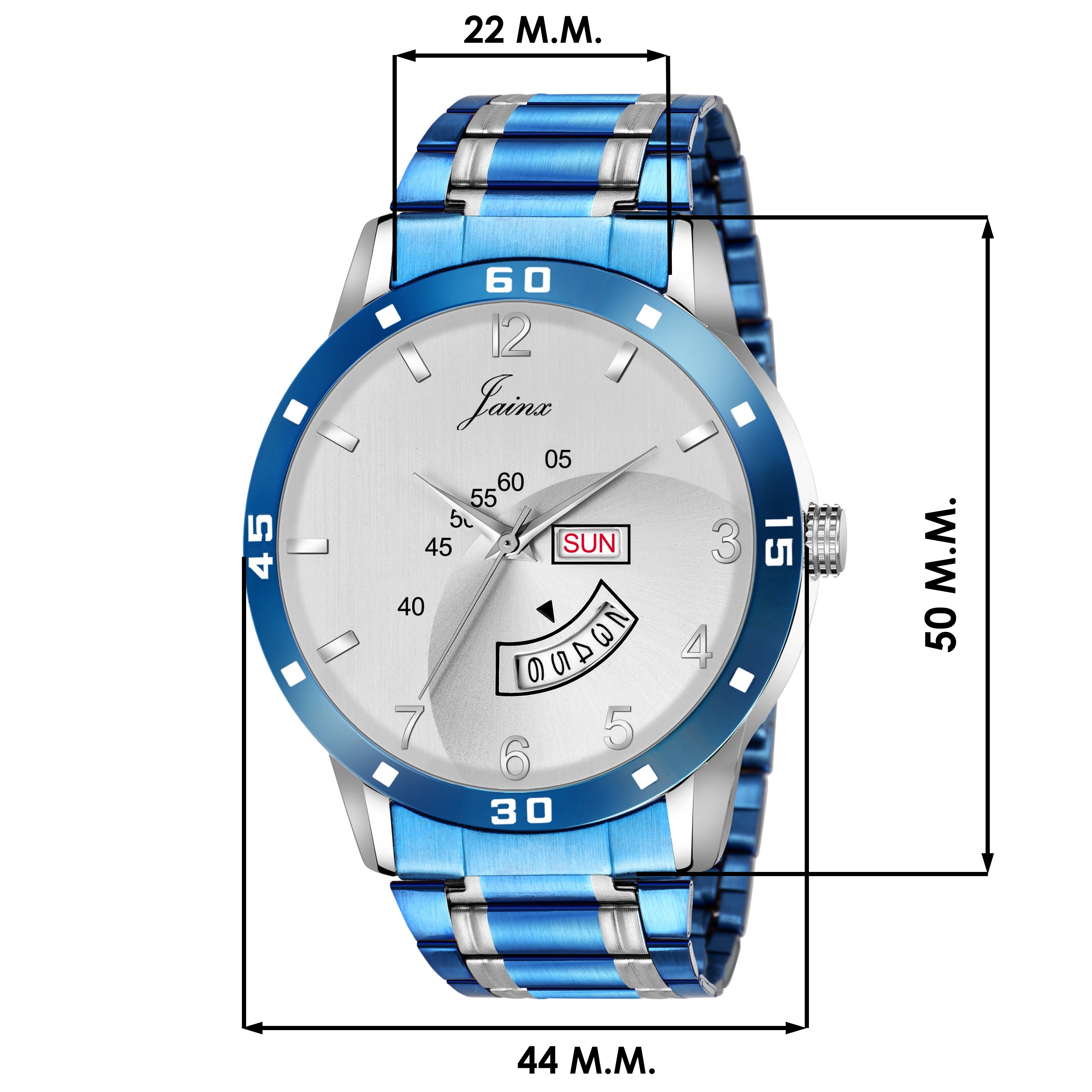 Jainx Sports Silver Day & Date Function Blue Chain Analog Watch - For Men JM1160