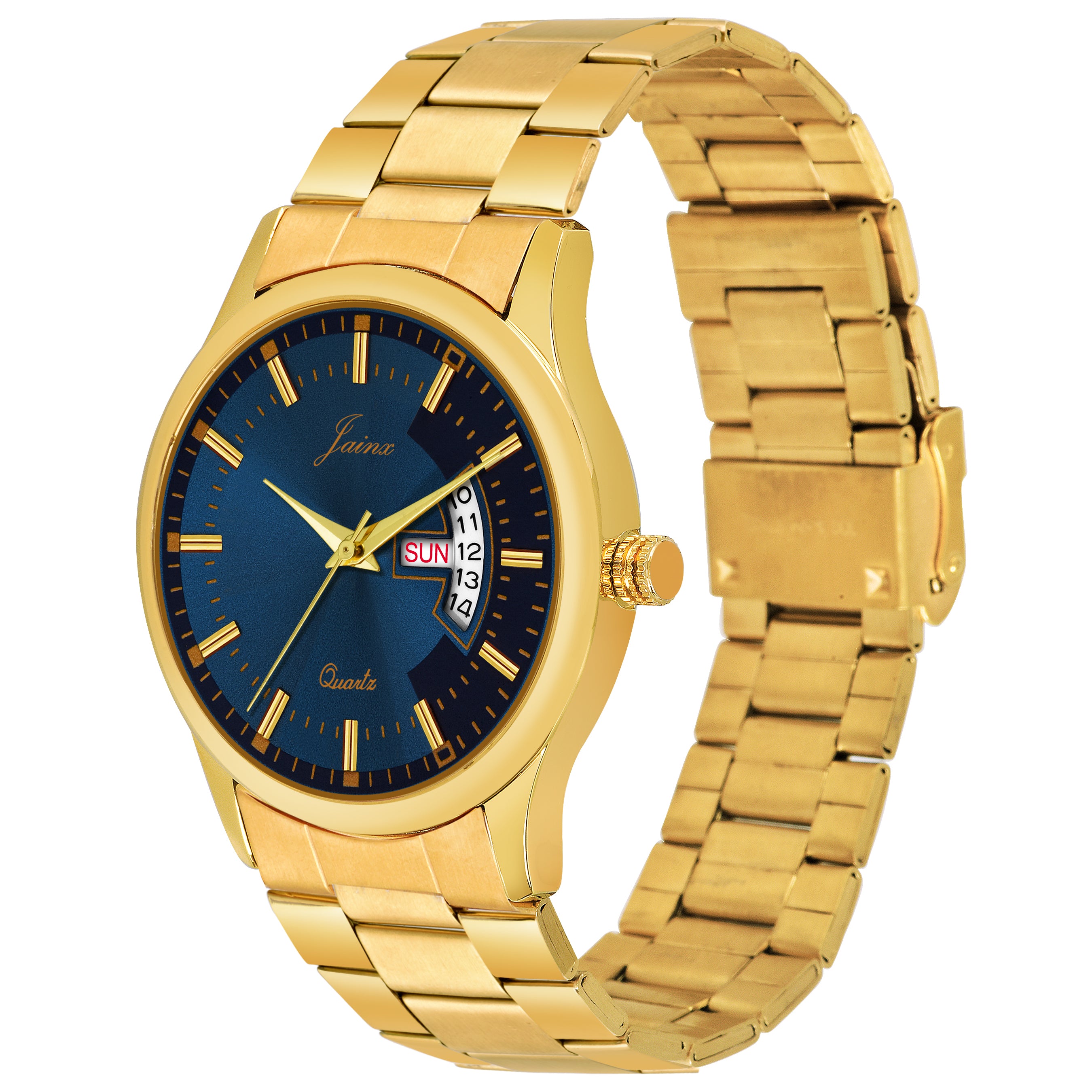 Jainx Premium Day And Date Function Blue Dial Golden Analog Watch For Men - JM1169