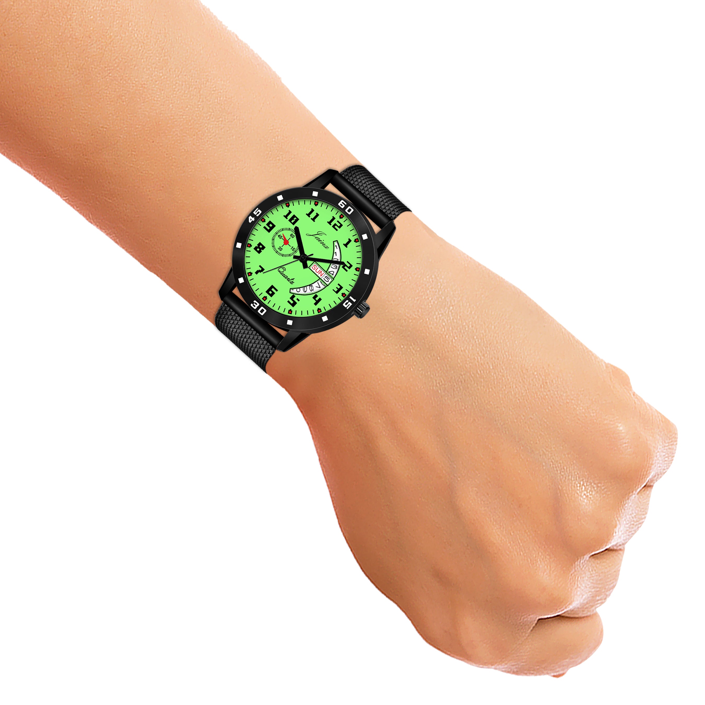 Jainx JM7108 Day & Date Function Radium Dial Rubber Band Analog Watch - For Men