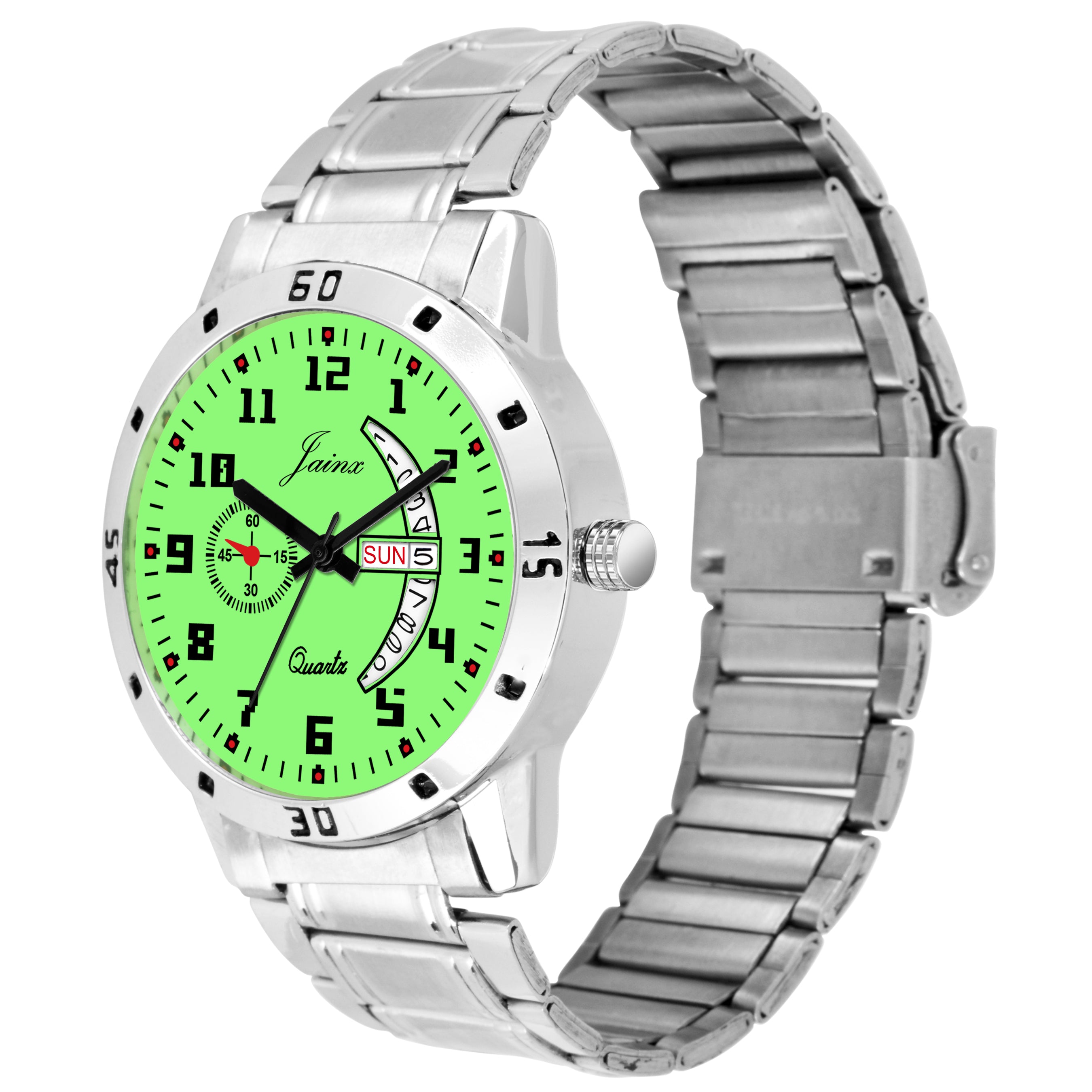 Jainx Stylish Day & Date Function Radium Dial Steel Chain Analog Watch - For Men JM7109