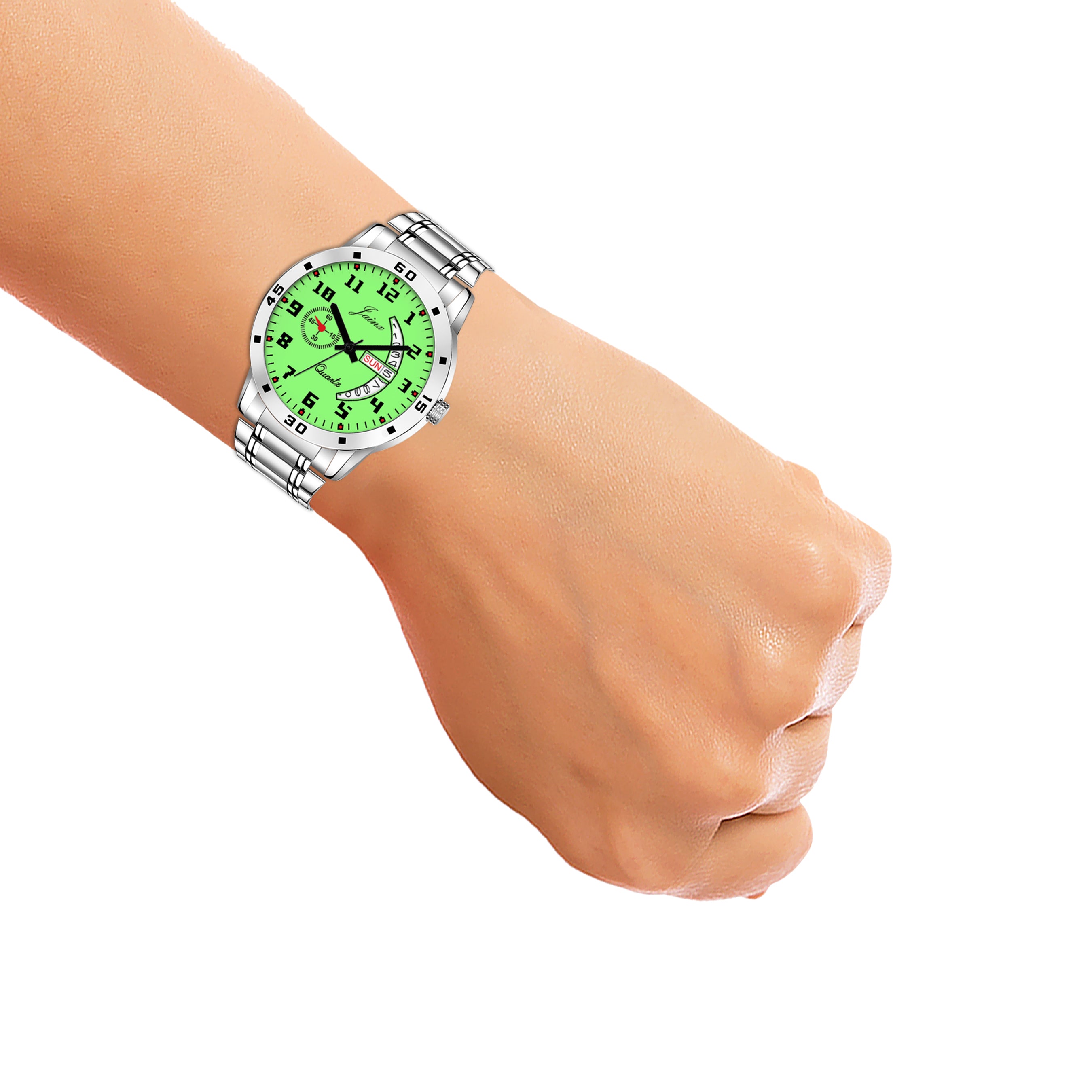 Jainx Stylish Day & Date Function Radium Dial Steel Chain Analog Watch - For Men JM7109