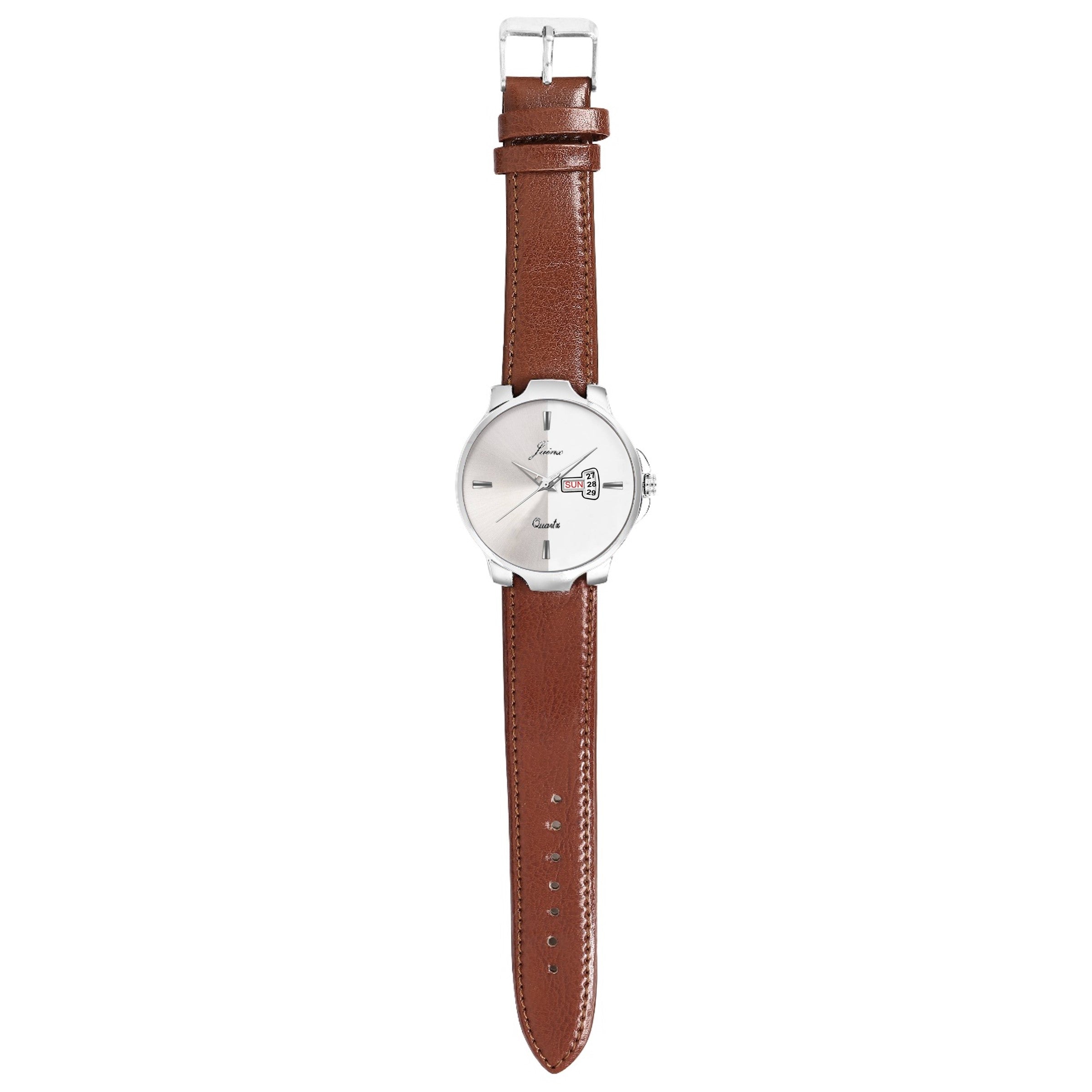 Jainx JM7133 Brown Leatherette Strap Silver Day And Date Dial Analog Watch - For Men