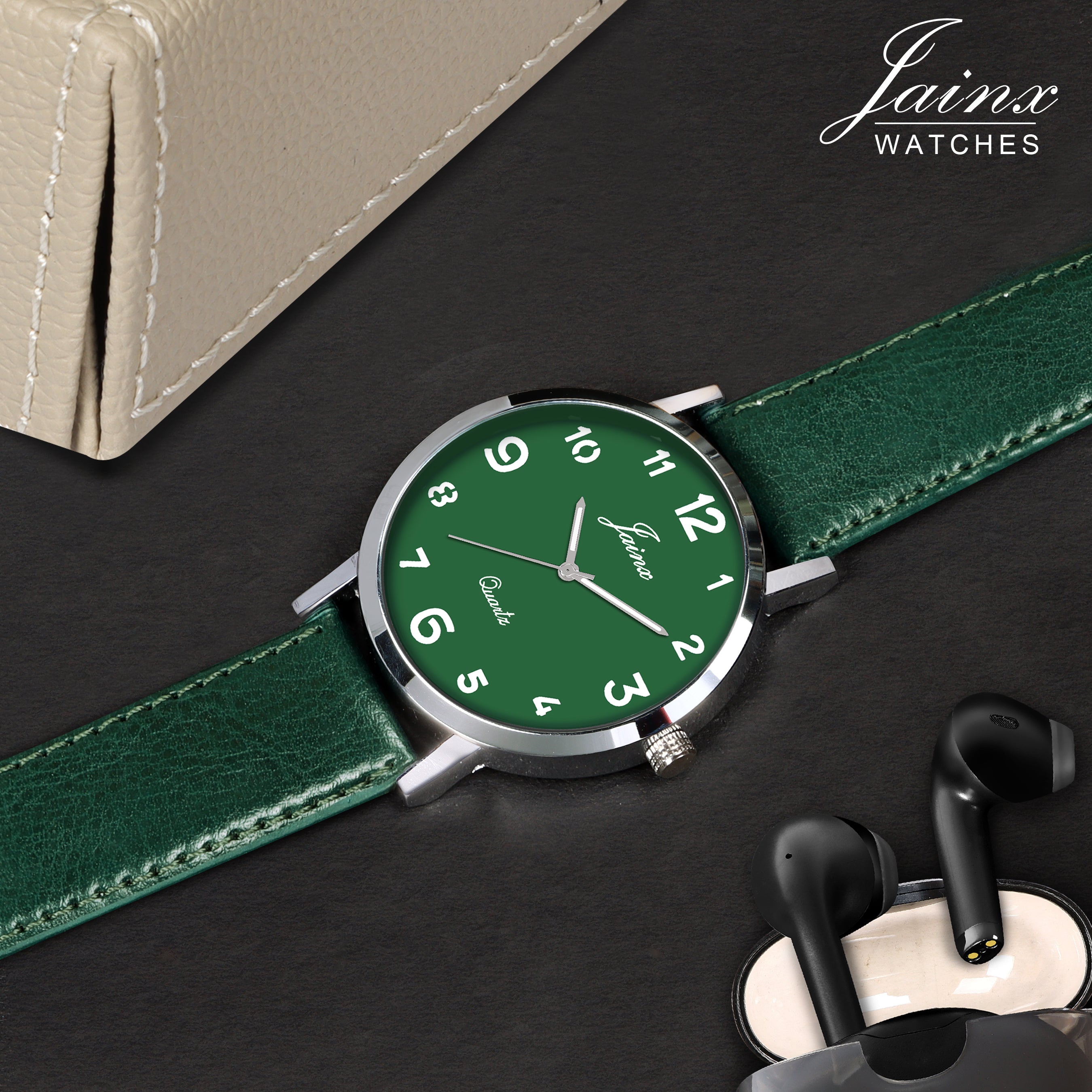 Jainx Men'S Green Leather Strap Analogue Watch - JM7142