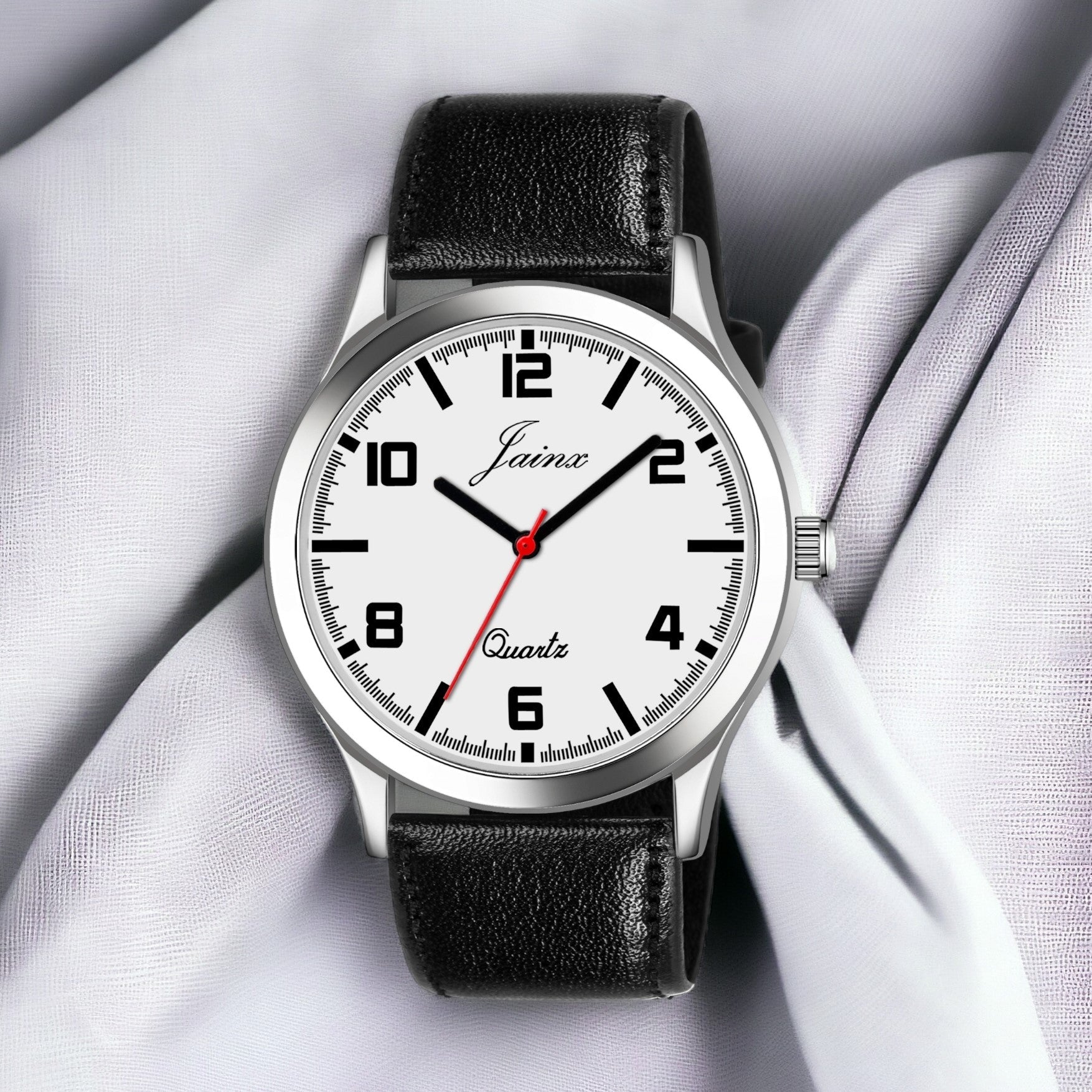 Jainx White Dial Black Leather Band Analog Wrist Watch For Men - JM7191