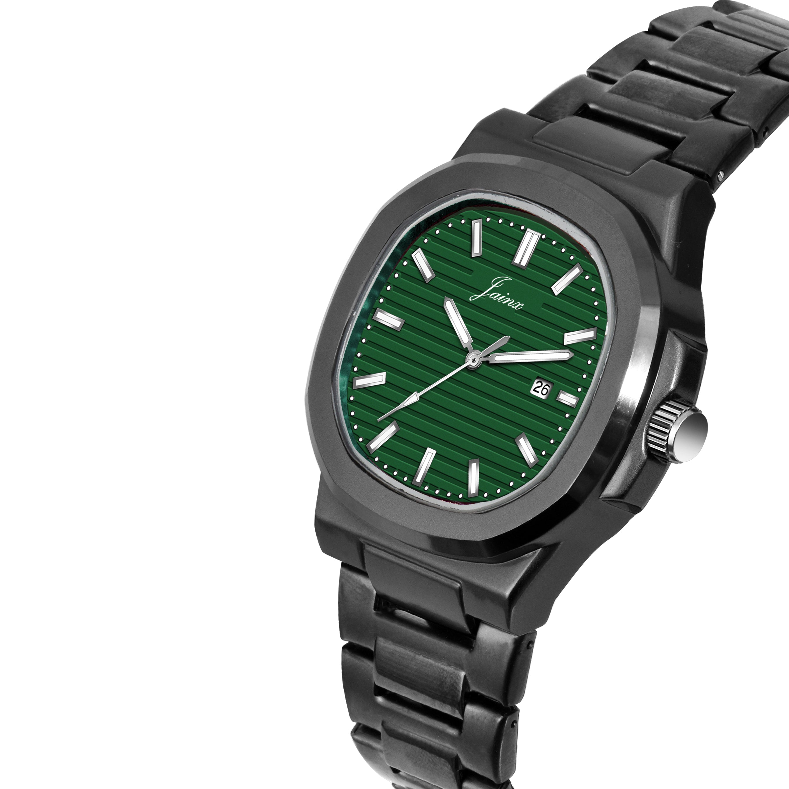 Jainx Green Dial Black Steel Chain Analog Wrist Watch For Mens - JM7206