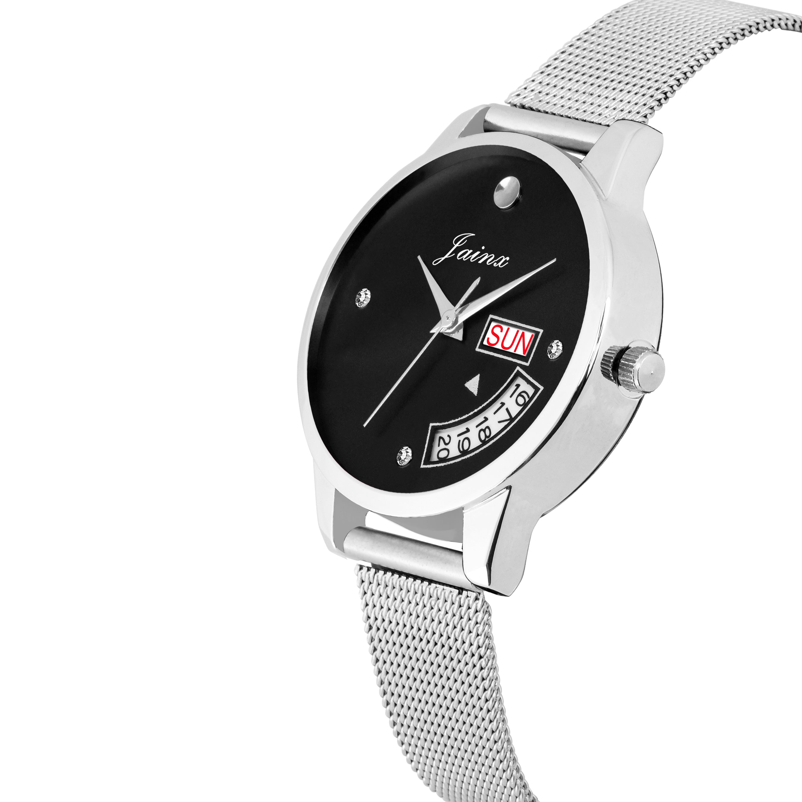 Jainx Silver Day & Date Function Dial Steel Mesh Chain Analog Watch - For Women JW598