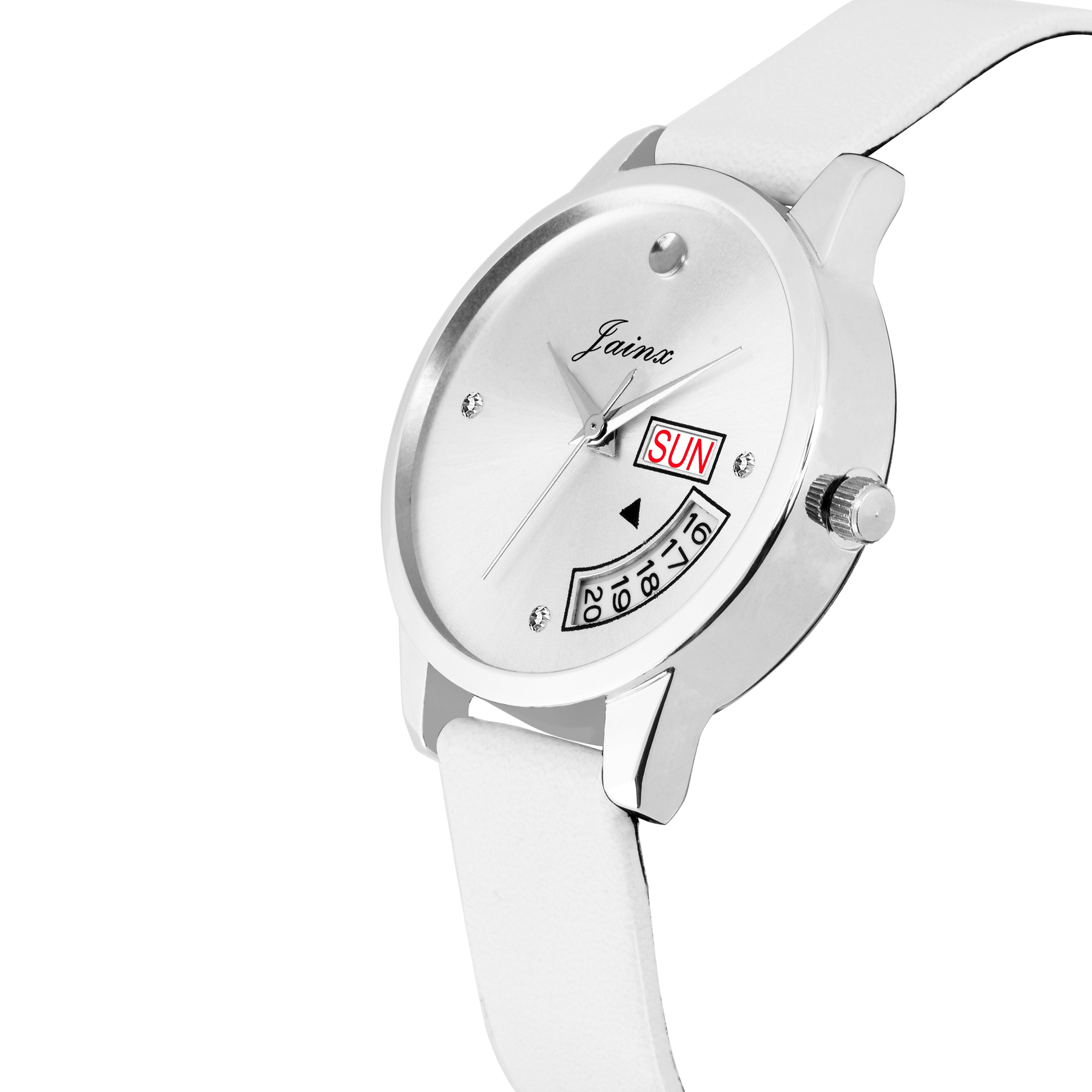 Jainx Silver Day & Date Function Genuine Leather Strap Analog Watch - For Women JW600
