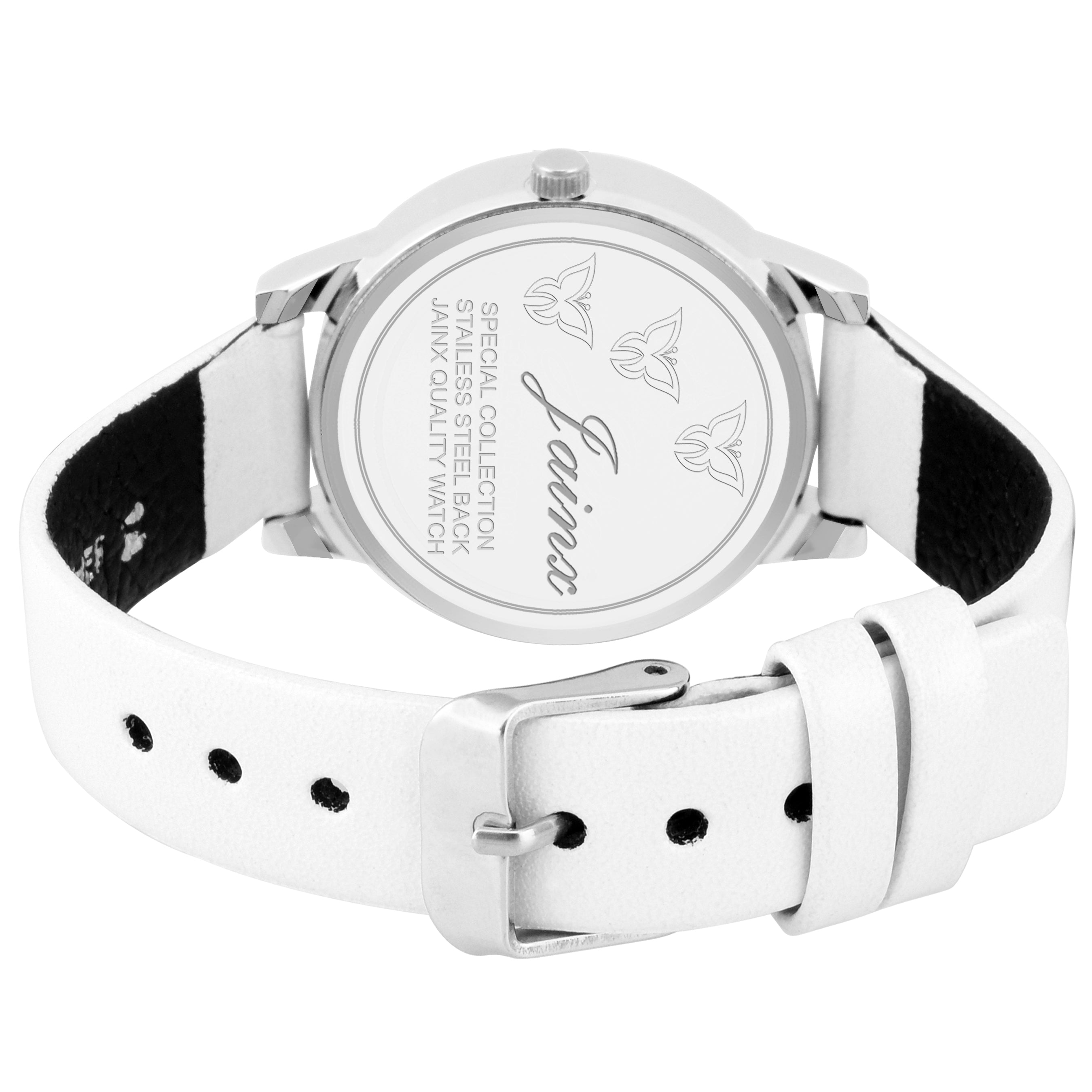 Jainx Silver Day & Date Function Genuine Leather Strap Analog Watch - For Women JW600