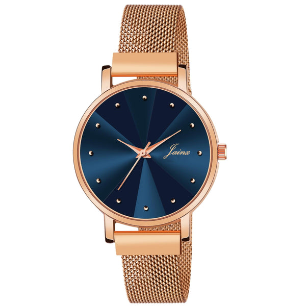 Jainx Blue Dial Rose Gold Color Mesh Chain Analog Wrist Watch For Women JW8549