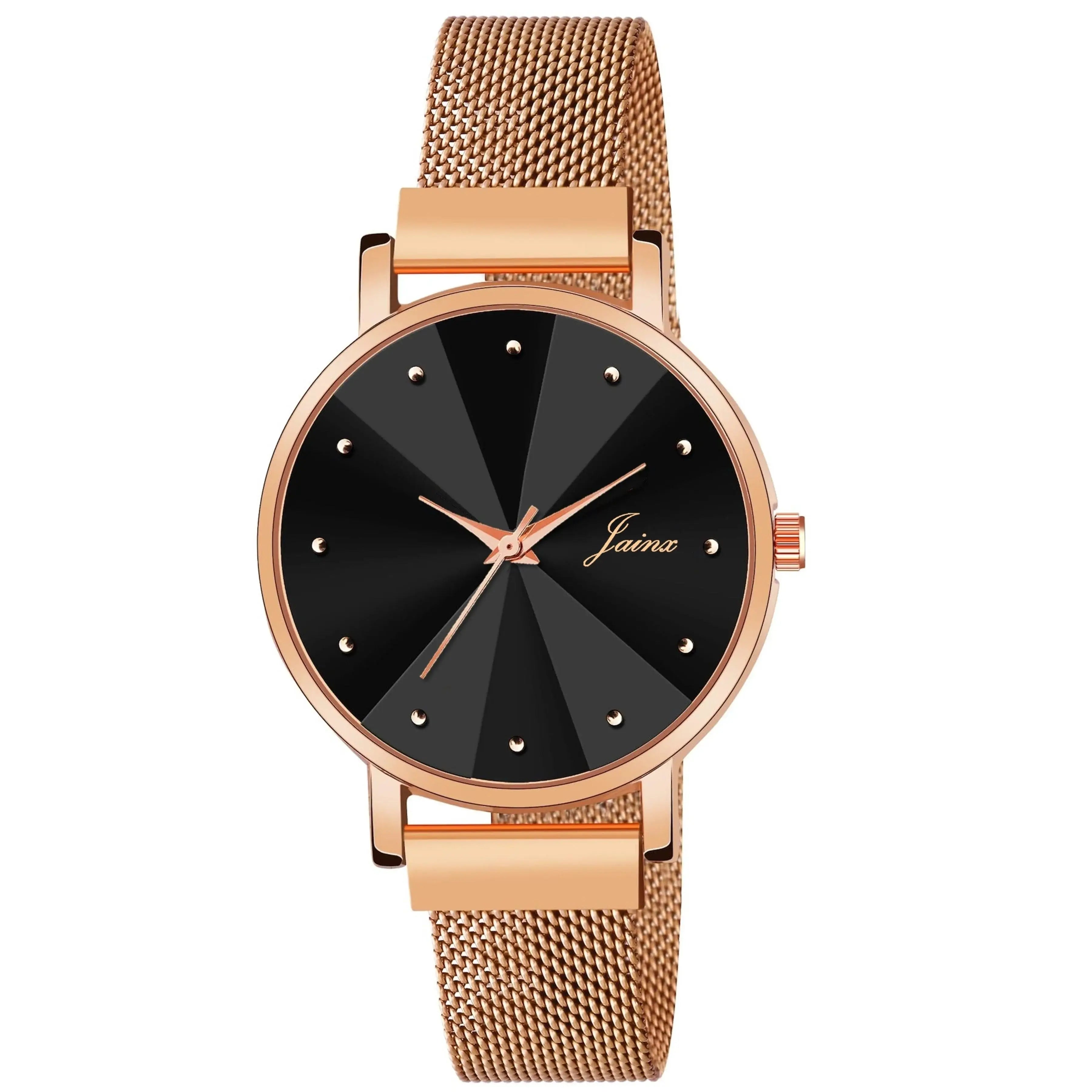 Jainx Black Dial Rose Gold Color Mesh Chain Analog Wrist Watch for Women