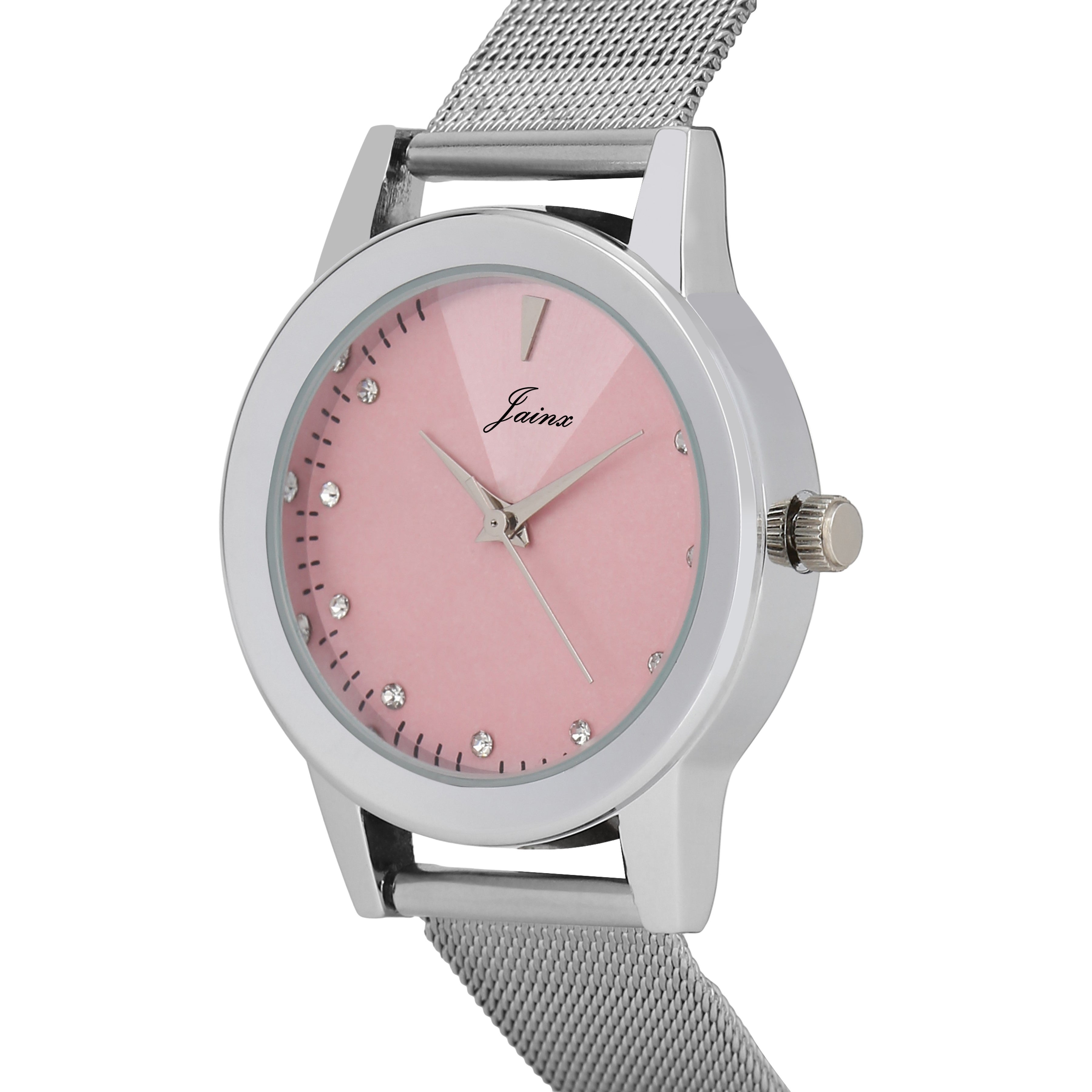 Jainx Pink Dial Steel Mesh Chain Analog Watch - For Women JW8599