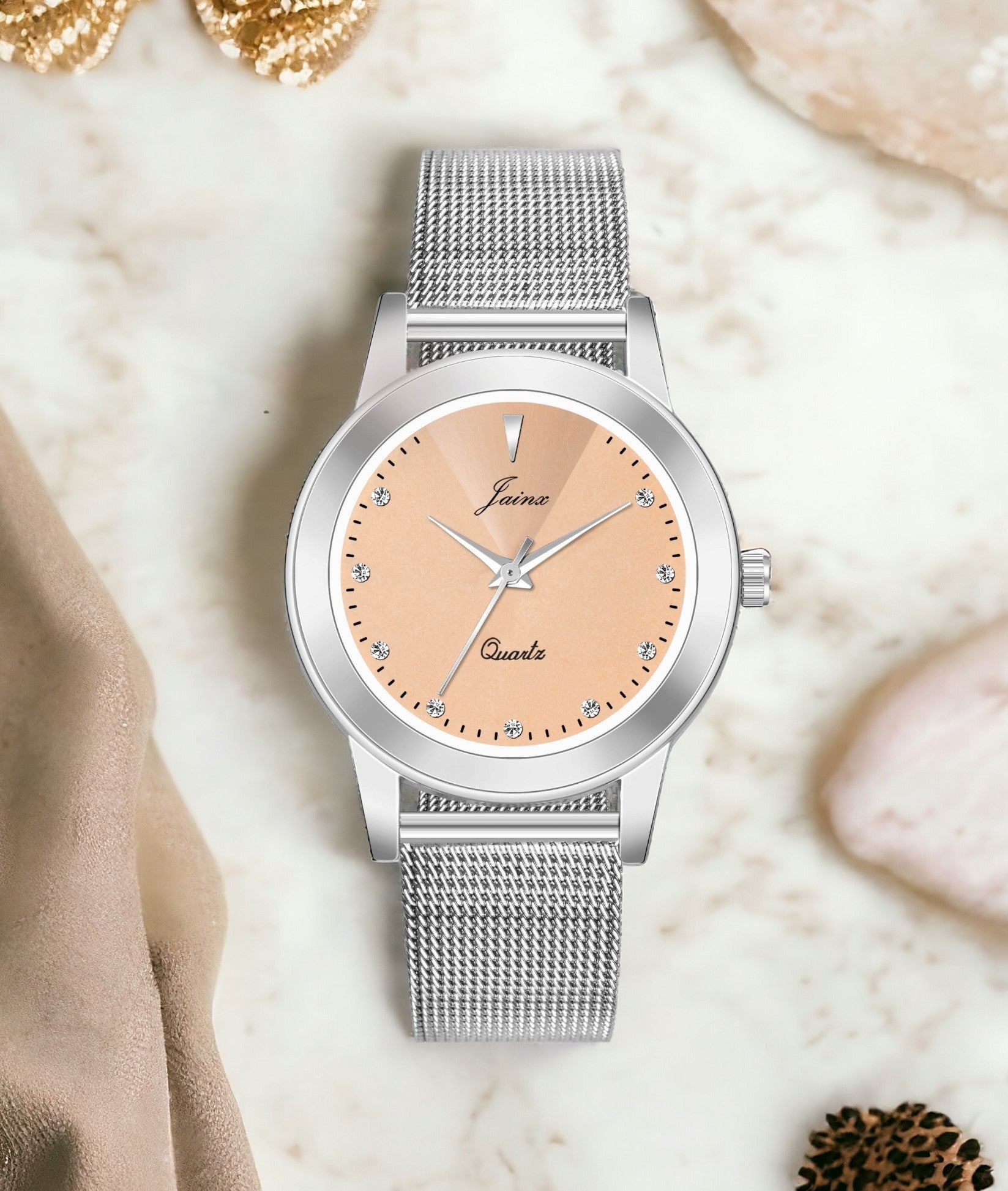 Jainx Peach Dial Steel Mesh Chain Analog Watch - For Women JW8601
