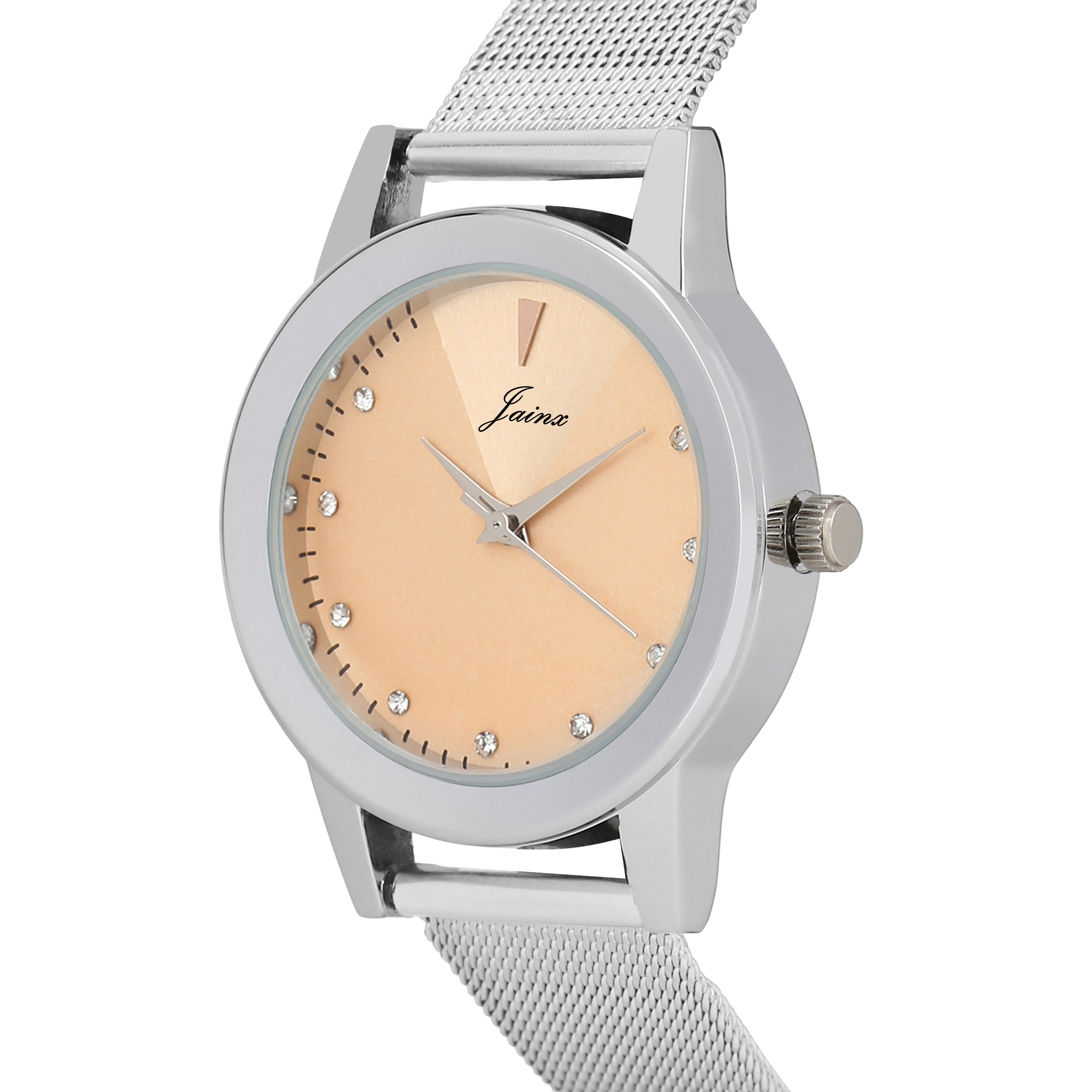 Jainx Peach Dial Steel Mesh Chain Analog Watch - For Women JW8601