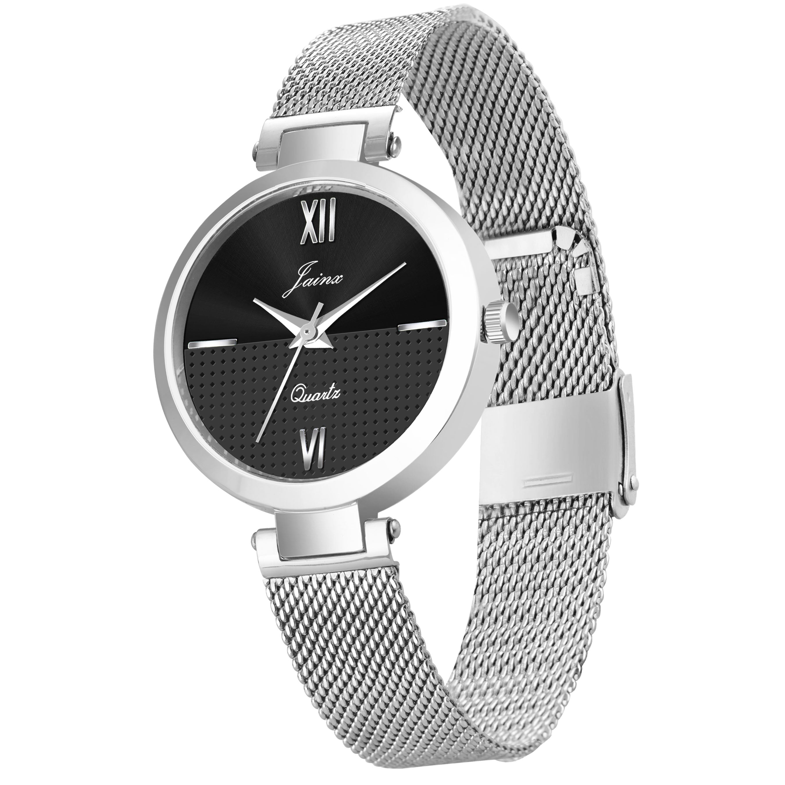 Jainx Black Dial Mesh Silver Chain Analog Watch - For Women JW8606