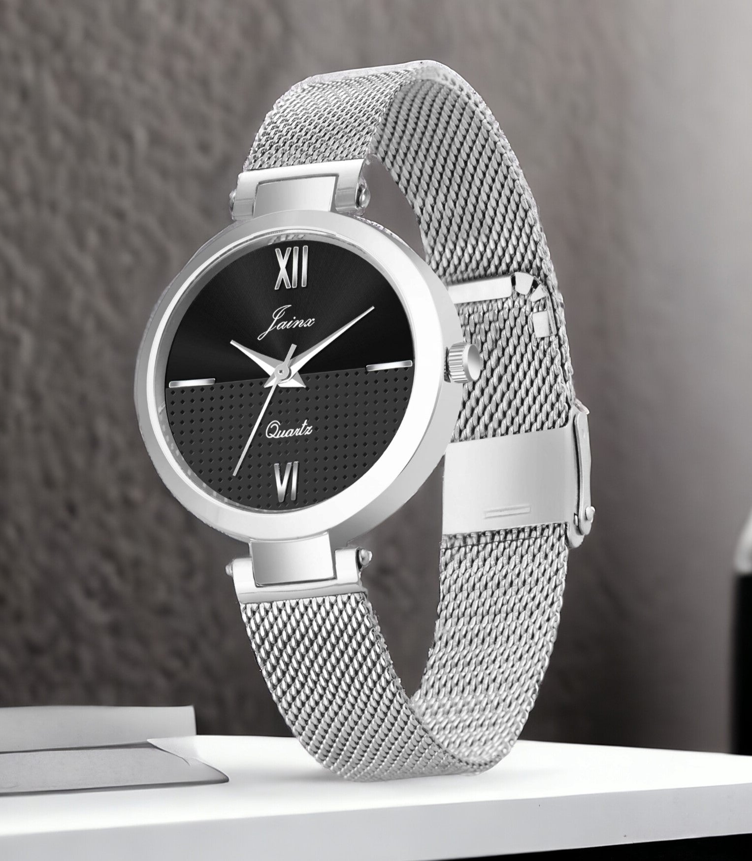 Jainx Black Dial Mesh Silver Chain Analog Watch - For Women JW8606