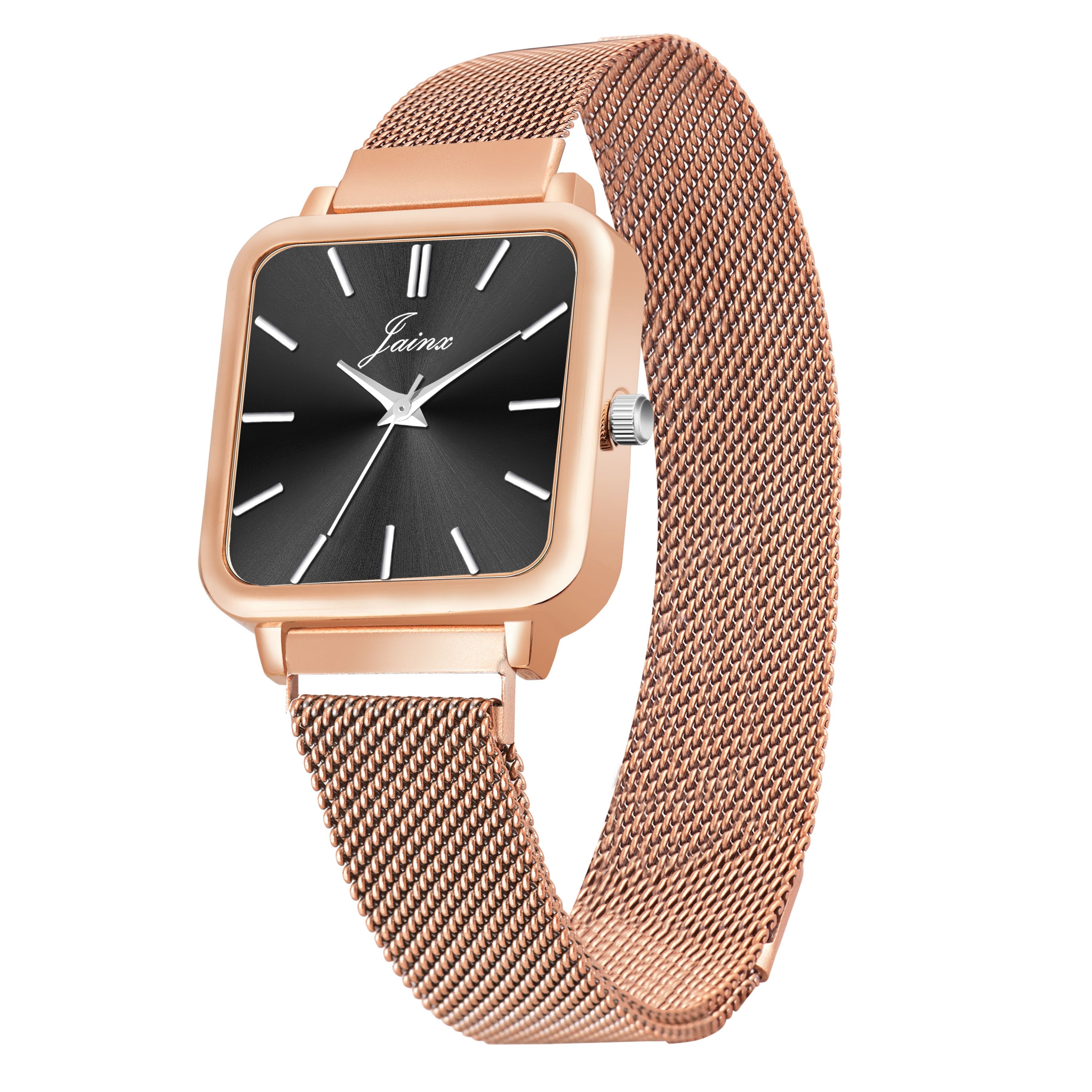 Jainx Black Dial Rose Gold Mesh Chain Analog Wrist Watch For Women - JW8609