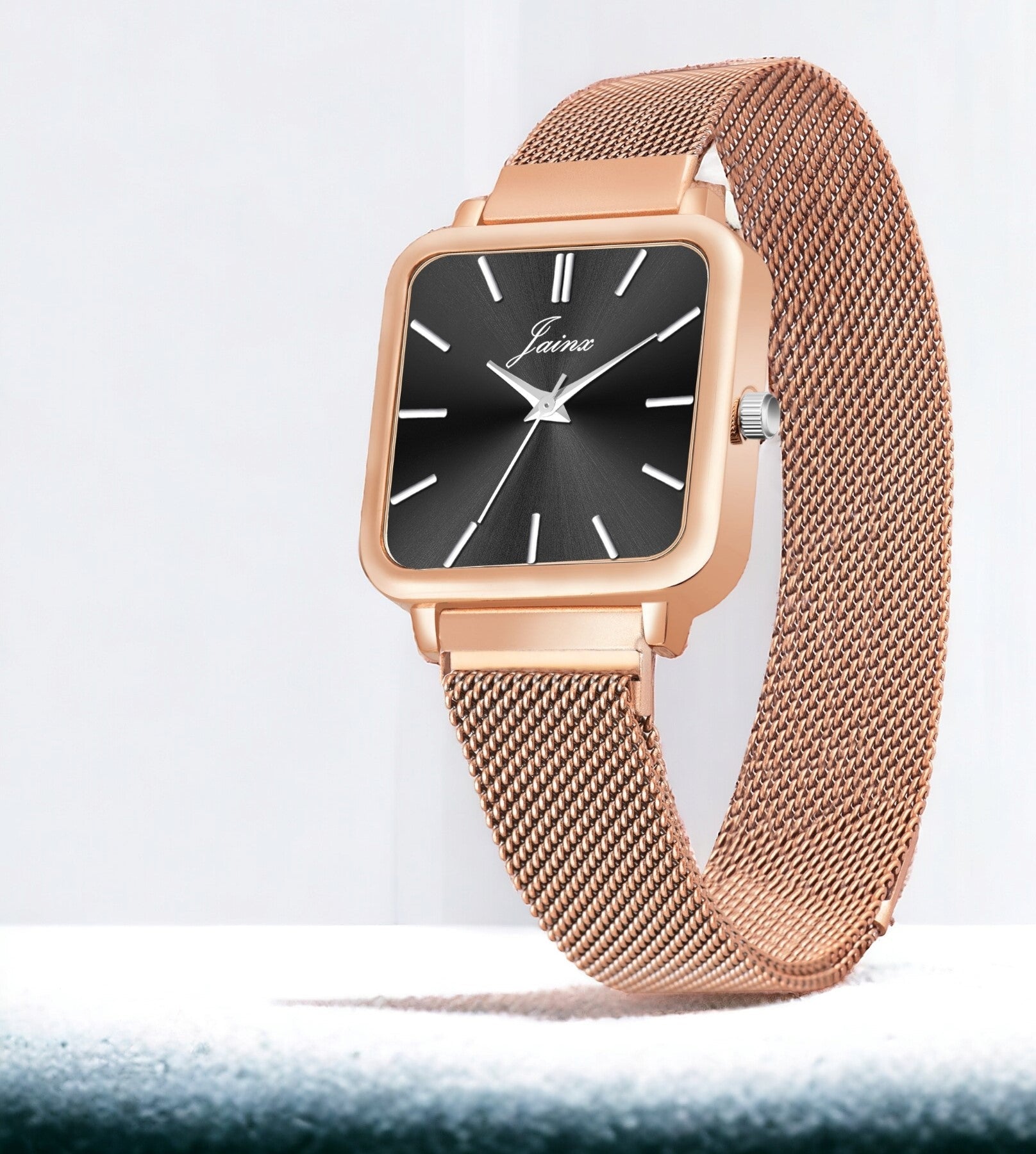 Jainx Black Dial Rose Gold Mesh Chain Analog Wrist Watch For Women - JW8609
