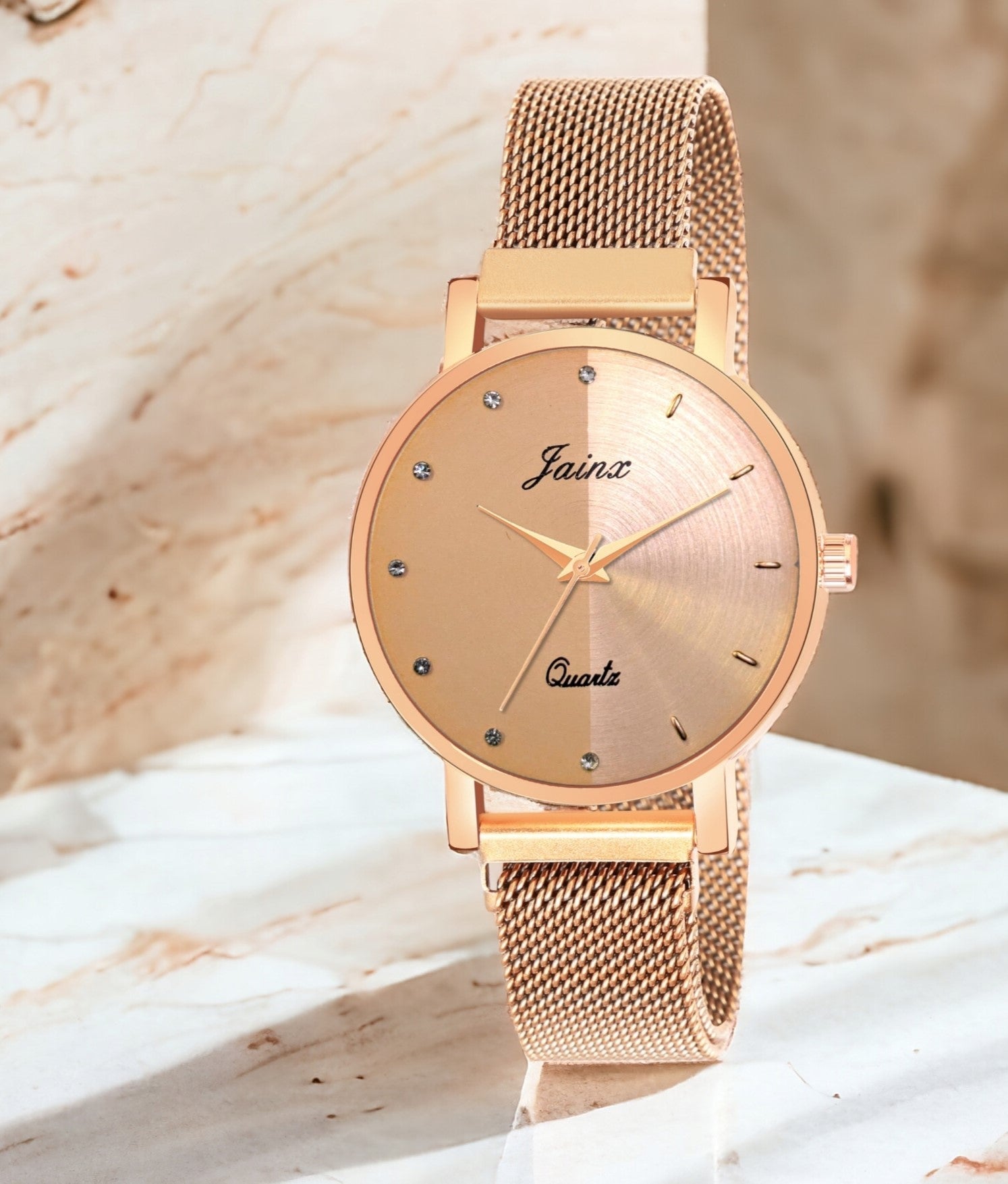 Jainx Rose Gold Mesh Chain Analog Wrist Watch For Women - JW8614