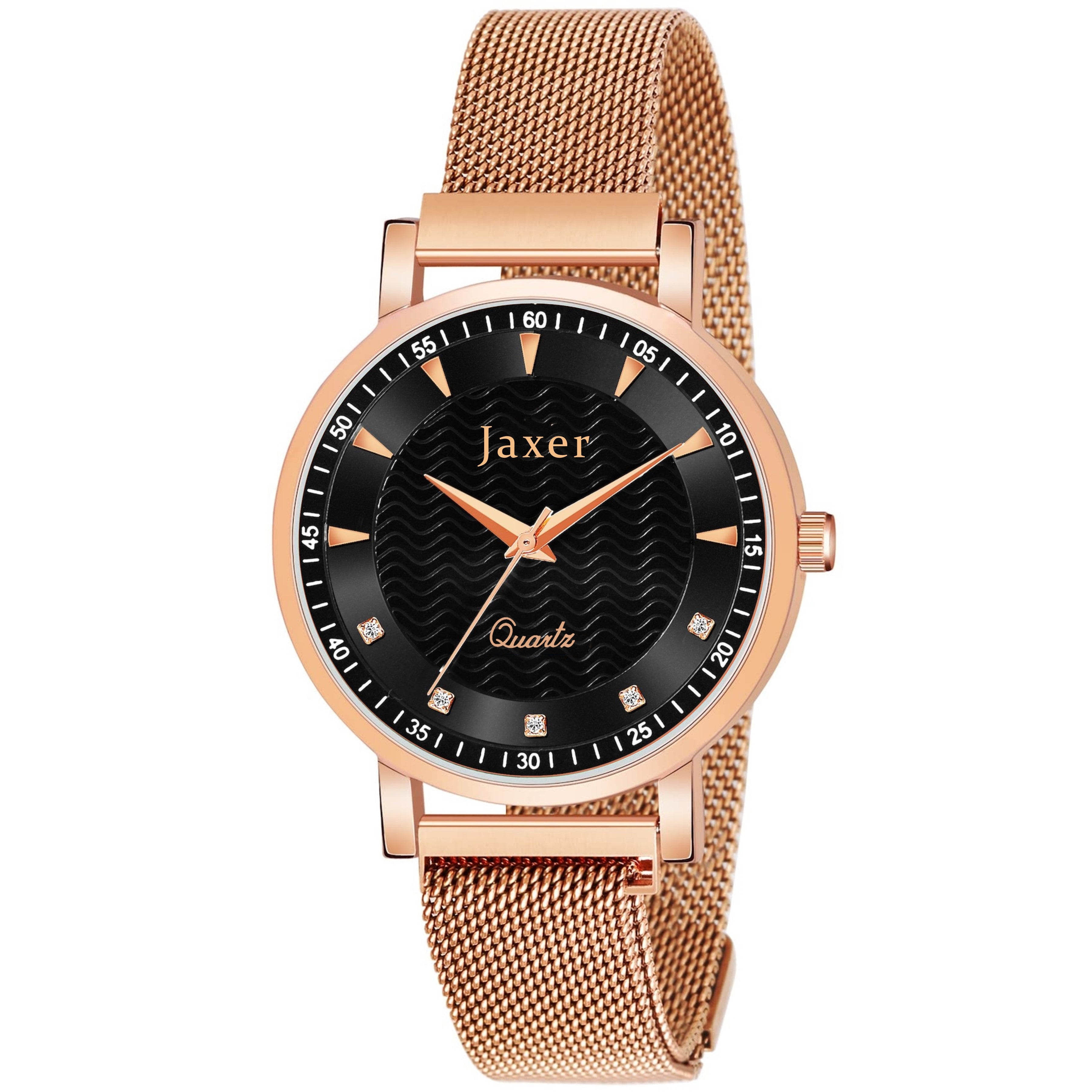 Jaxer Golden Mesh Chain With  Black Dial  Analog Wrist Watch For Women - JXRW2577