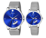 Couple's Day & Date Function Blue Dial Stainless Steel Mesh Chain Analog Watch - JC491