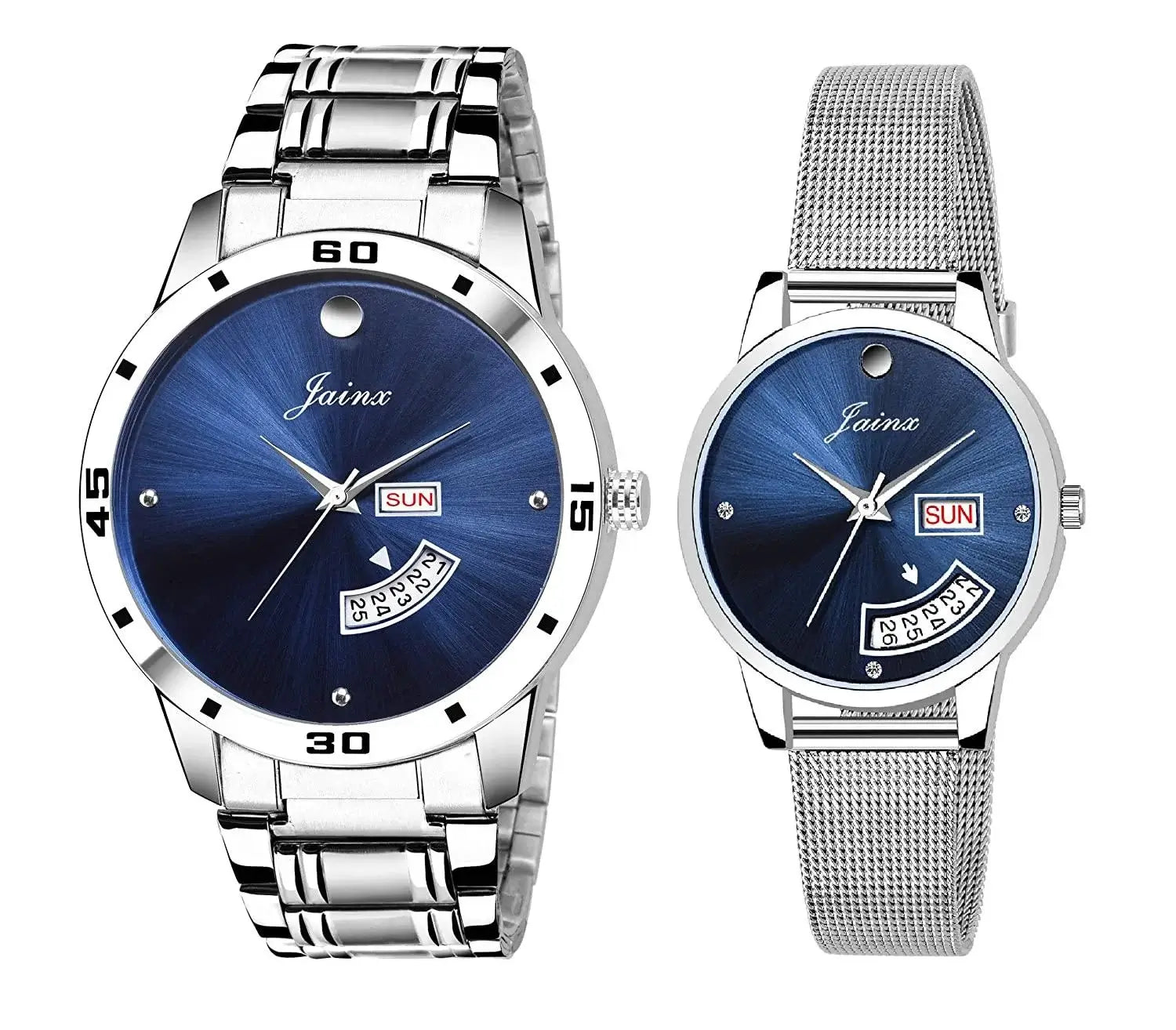 Couple's Blue Dial Day & Date Function Stainless Steel Chain Analog Watch - JC479 - Jainx Store