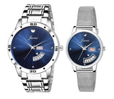 Couple's Blue Dial Day & Date Function Stainless Steel Chain Analog Watch - JC479