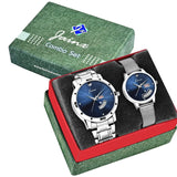 Couple's Blue Dial Day & Date Function Stainless Steel Chain Analog Watch - JC479
