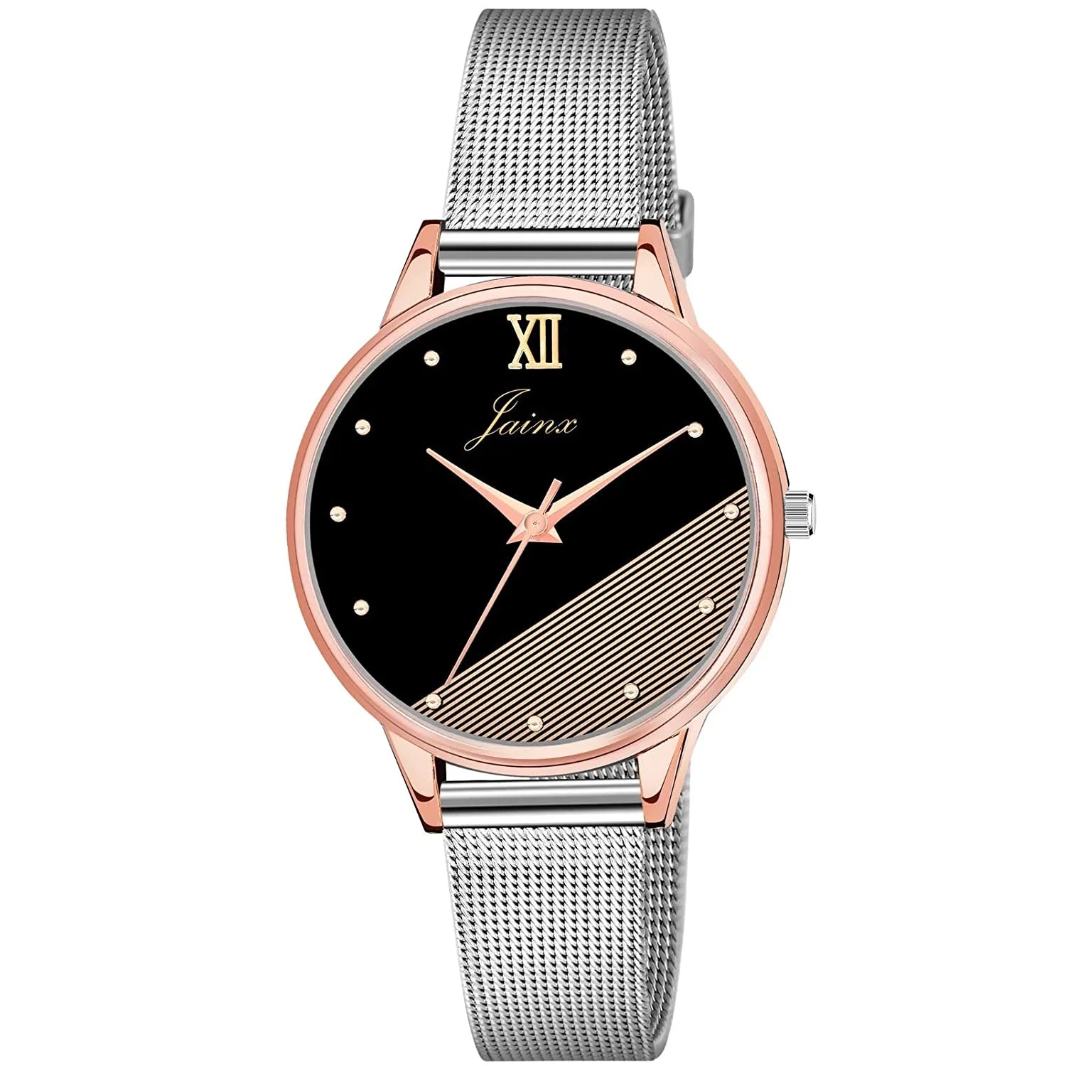 Black Dial Steel Mesh Chain with rose gold case Analog Watch For Women