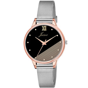 Black Dial Steel Mesh Chain with rose gold case Analog Watch For Women