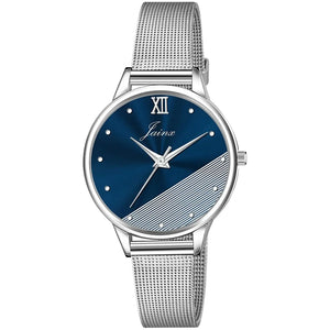 blue dial silver mesh chain watch for women