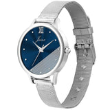 blue dial silver mesh chain watch for women