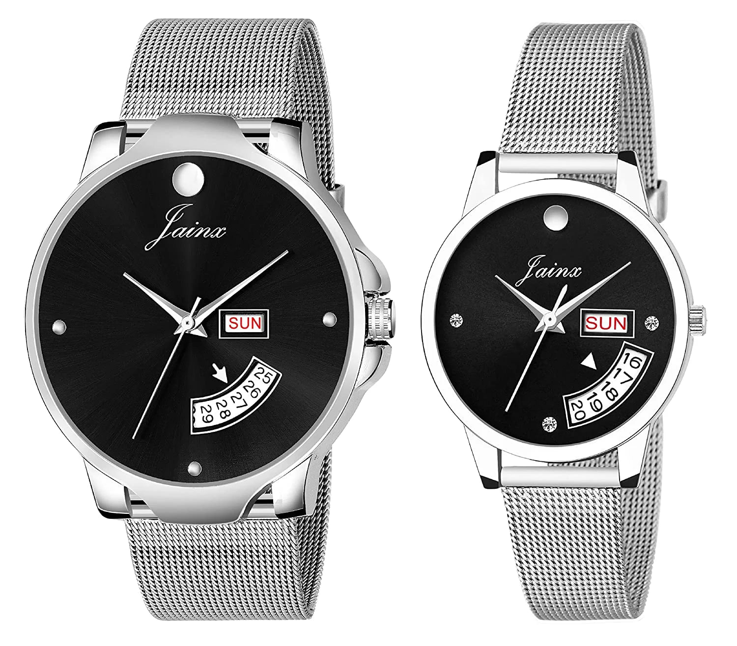 Couple's Black Day & Date Function Dial Stainless Steel Chain Analog Watch