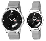 Couple's Black Day & Date Function Dial Stainless Steel Chain Analog Watch