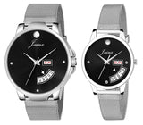 Couple's Black Day & Date Function Dial Stainless Steel Chain Analog Watch - JC490
