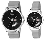Couple's Black Day & Date Function Dial Stainless Steel Chain Analog Watch