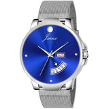 blue dial silver mesh chain watch for men