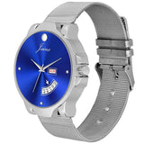 blue dial silver mesh chain watch for men