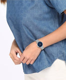blue dial silver mesh chain analog watch for women