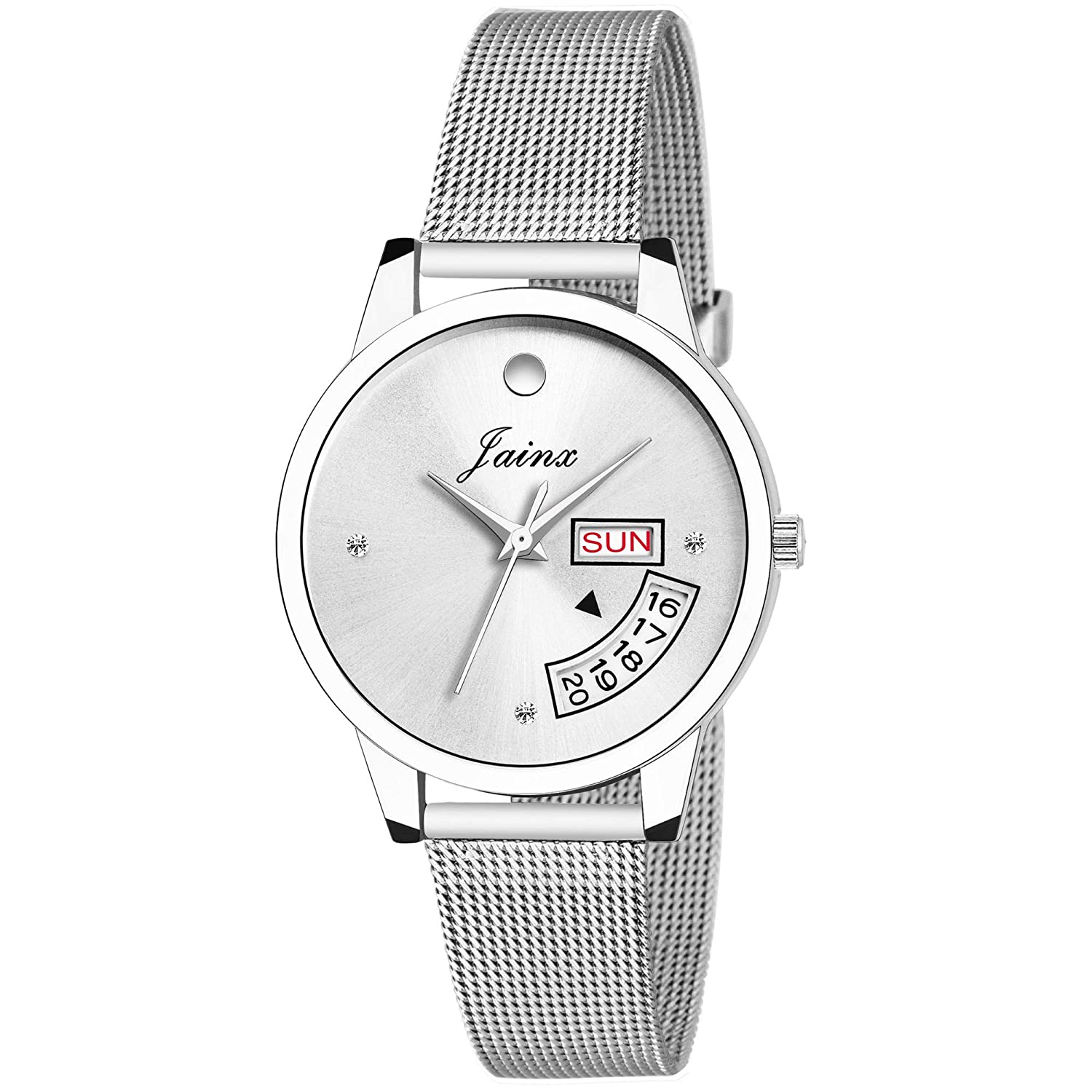 Silver Day & Date Function Steel Mesh Chain Analog Watch - For Women JW596 - Jainx Store