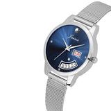 blue dial silver mesh chain watch for women