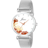 Floral Design White Dial Steel Mesh Chain Analog Watch For Women