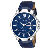 Men's Analog Watch with Blue Day & Date Feature Dial and Leather Strap - JXRM2118